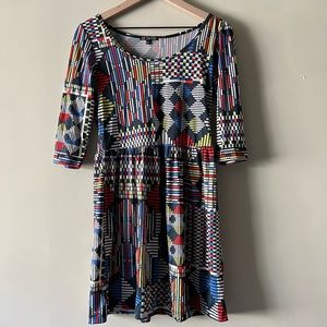 Colorful Mini Dress with Geometric - Art Deco Pattern and Sleeves